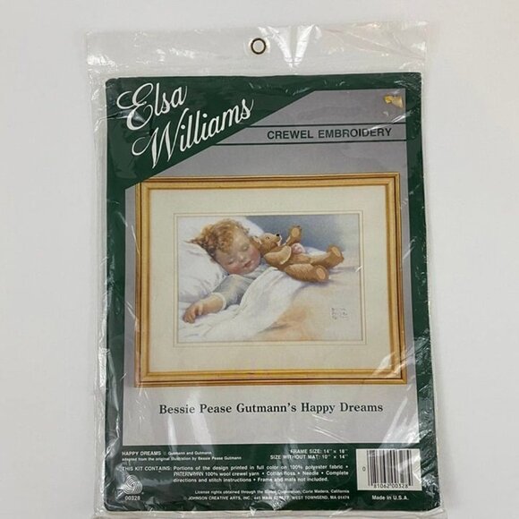 Elsa Williams Crewel Embroidery Kit Happy Dreams Child Sleeping with Teddy Bear - Picture 1 of 9